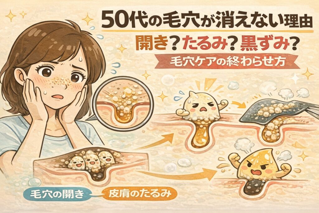 50代になっても毛穴が目立つ理由を解説するイラスト。毛穴の開き・皮膚のたるみ・黒ずみの違いを毛穴断面図で比較し、角栓が詰まった状態からケアによって改善を目指す流れを図解している。年齢による肌構造の変化と、毛穴ケアの終わらせ方をわかりやすく伝える美容解説画像。