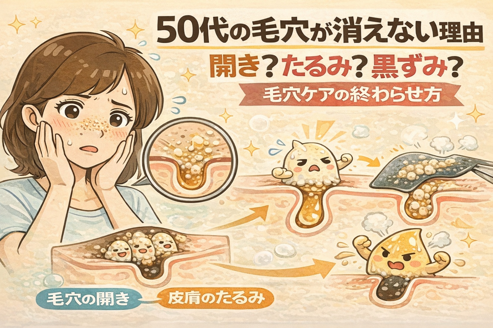 50代になっても毛穴が目立つ理由を解説するイラスト。毛穴の開き・皮膚のたるみ・黒ずみの違いを毛穴断面図で比較し、角栓が詰まった状態からケアによって改善を目指す流れを図解している。年齢による肌構造の変化と、毛穴ケアの終わらせ方をわかりやすく伝える美容解説画像。
