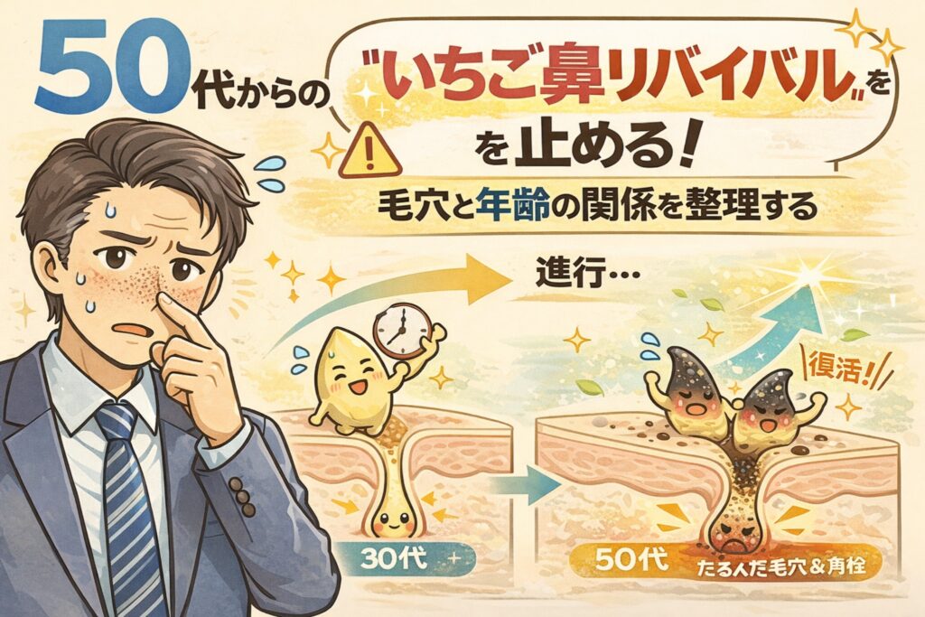 50代から進行しやすいいちご鼻の変化を、年齢と毛穴構造の関係で解説したイラスト。30代と50代の毛穴断面を比較し、角栓とたるみが重なることで毛穴が目立ちやすくなる流れと、加齢に応じたケアの考え方をわかりやすく示している。
