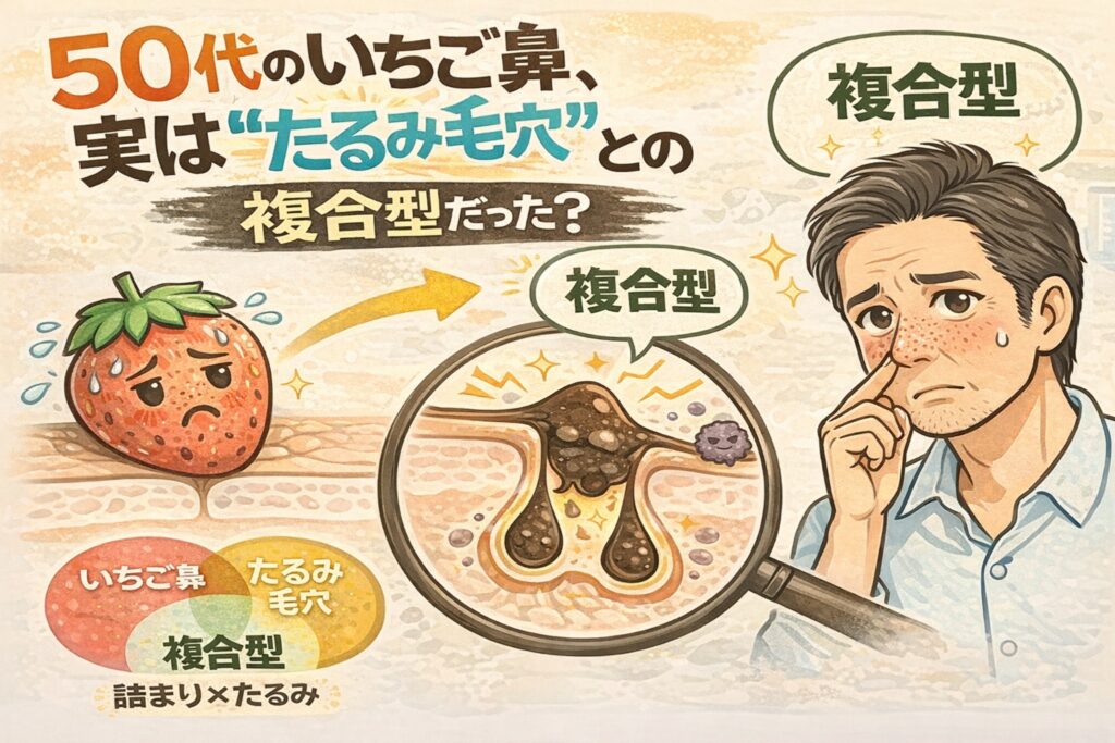 50代男性のいちご鼻をテーマに、詰まり毛穴とたるみ毛穴が重なった複合型毛穴構造を図解したイラスト。いちご鼻の擬人化表現と、拡大鏡で角栓と毛穴のたるみを示し、50代の毛穴悩みが単一原因ではないことを解説している。