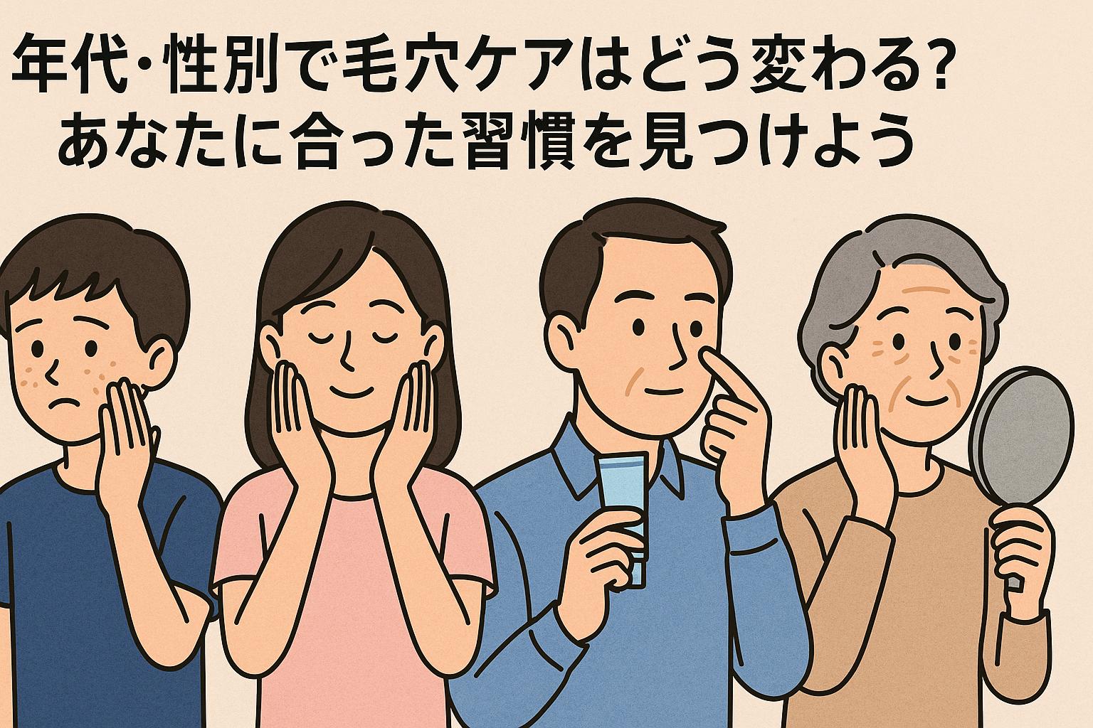 年齢や性別ごとに異なる毛穴ケア法を紹介するイラスト比較図