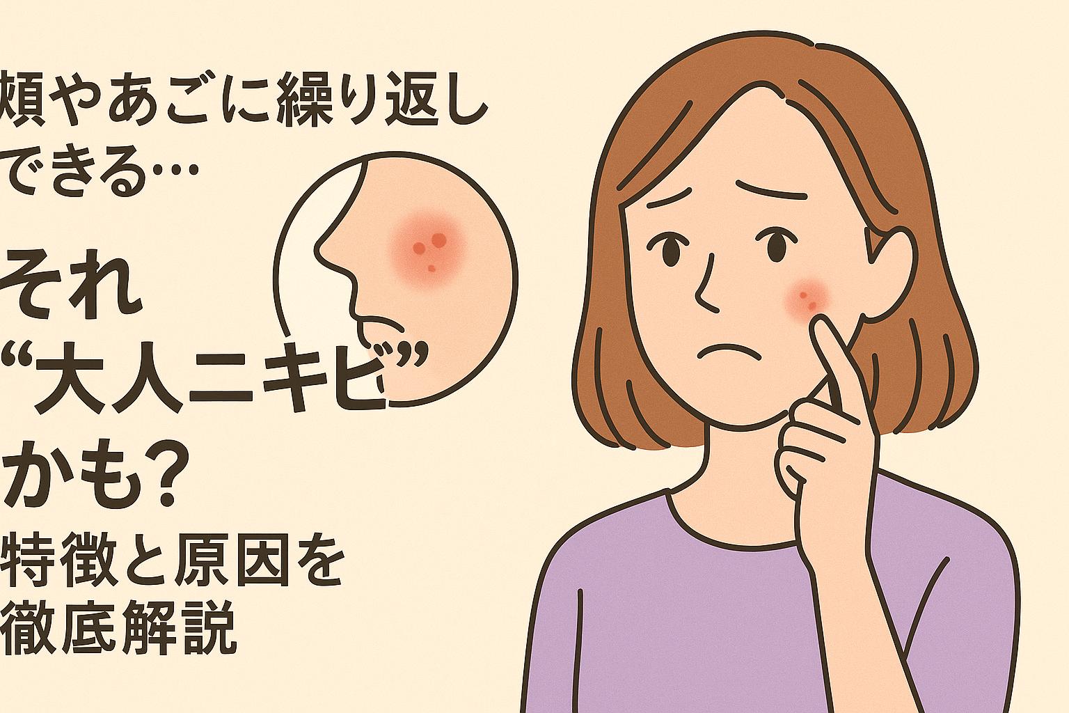 頬やあごにできる大人ニキビの特徴を示す顔アップのイラスト