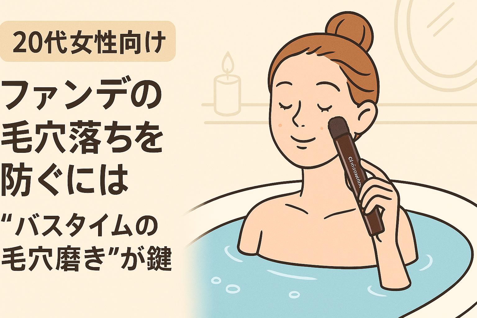 お風呂場で毛穴ケアする女性と、ファンデ崩れを防いだ明るい表情のイメージ