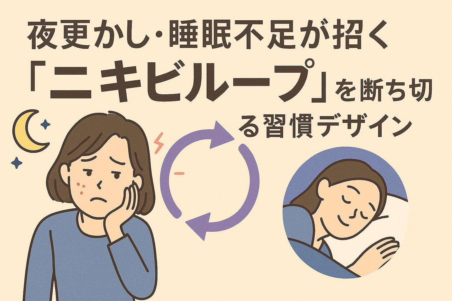 寝不足でニキビが悪化する様子と、改善するための夜の習慣チェックリスト