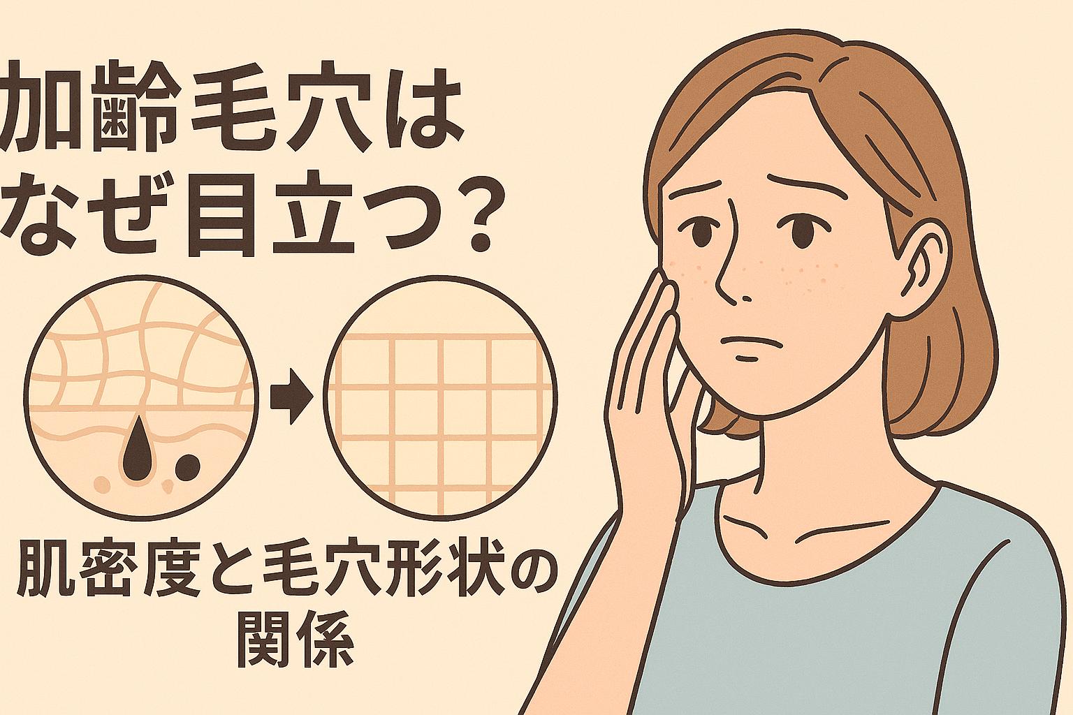50代女性の肌密度の変化と毛穴の広がりを示す断面イラスト