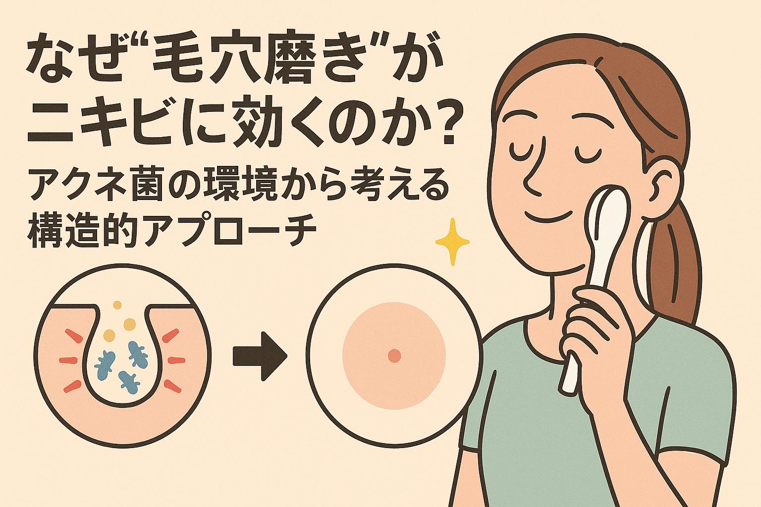 アクネ菌の増殖環境と毛穴磨きによる改善を示す構造図