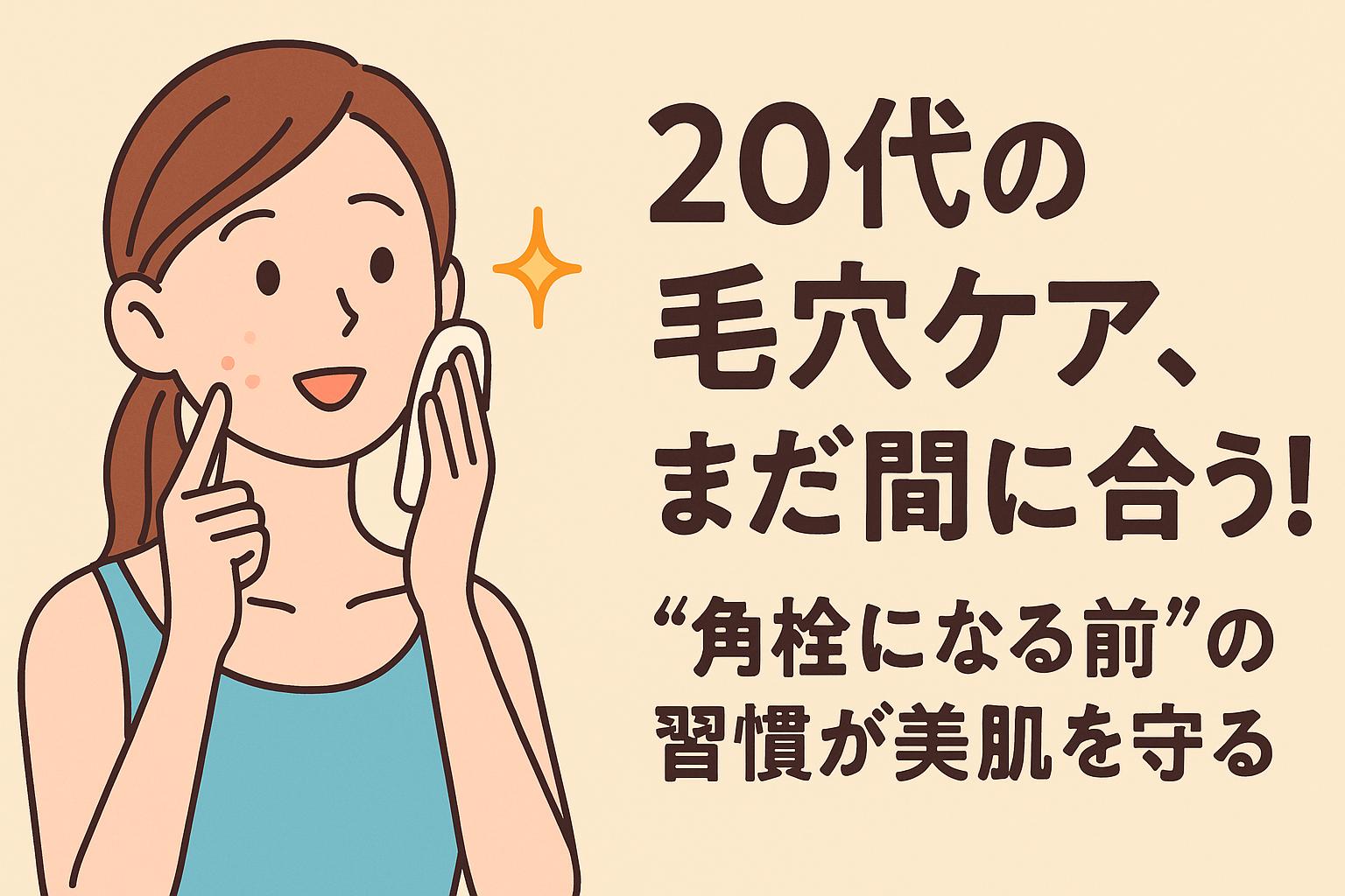 笑顔の20代女性が頬にパッドを当てながら毛穴ケアする様子のイラスト。「まだ間に合う」という希望のある表情と構図