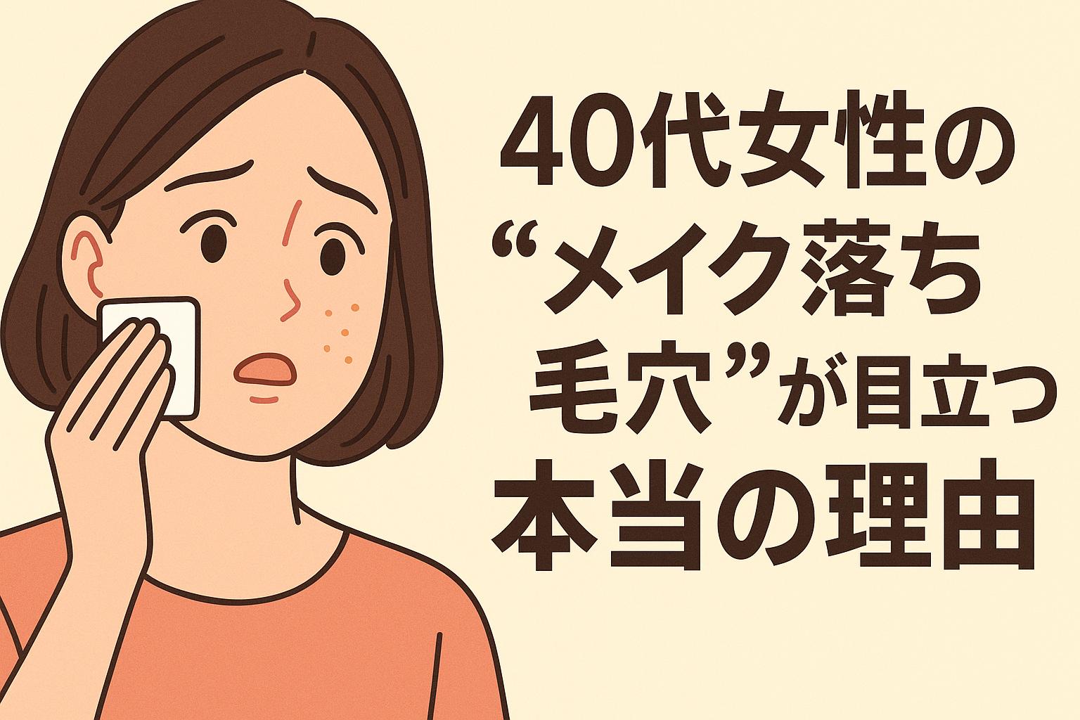 コットンでメイクを落としながら毛穴の目立ちを気にする女性のイラスト。表情には不安がにじみ、「メイク落ち毛穴」の悩みを象徴