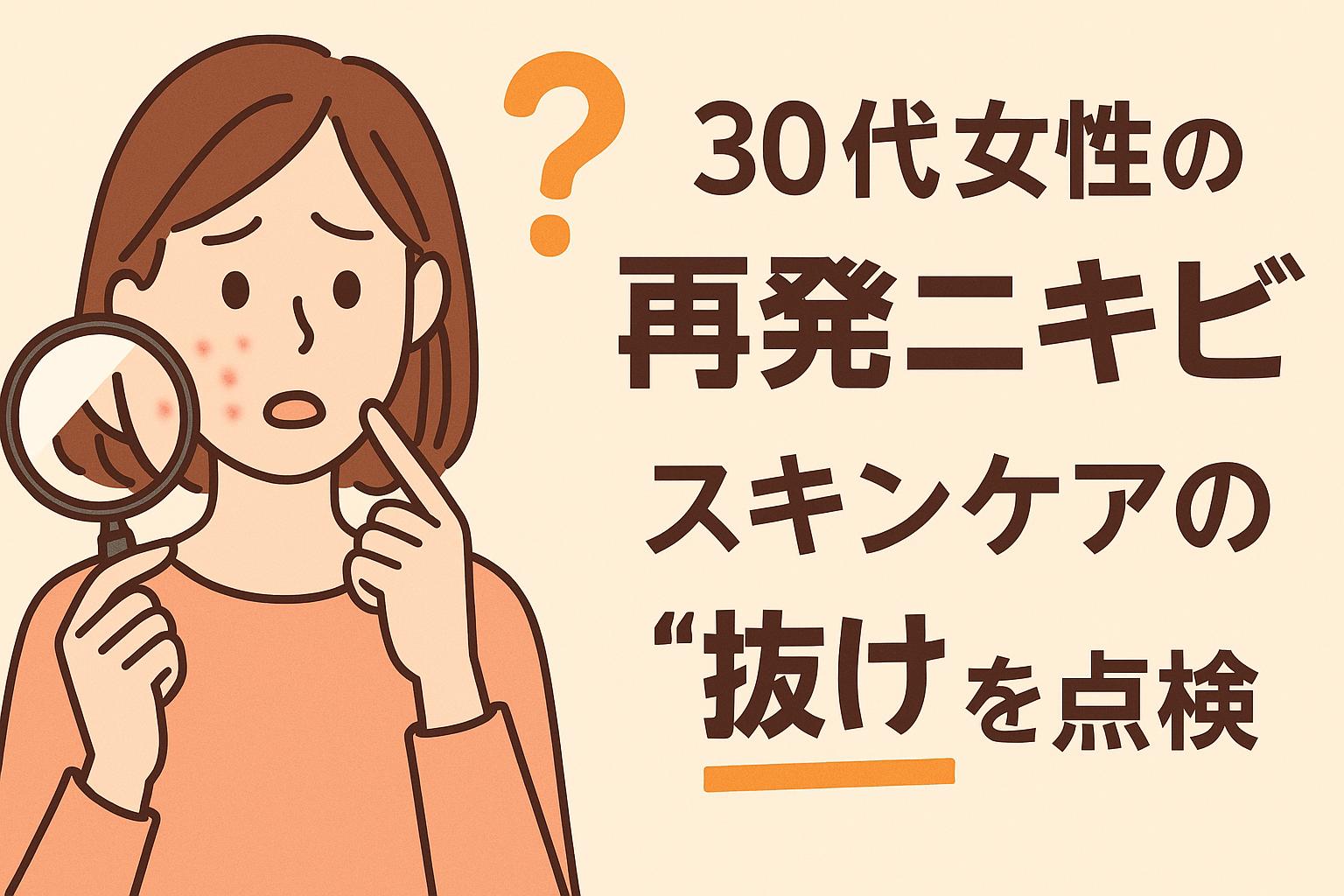 再発したニキビに悩む30代女性が、虫眼鏡で自分の頬をチェックしている様子のイラスト。疑問符と不安な表情がスキンケアの“抜け”を象徴
