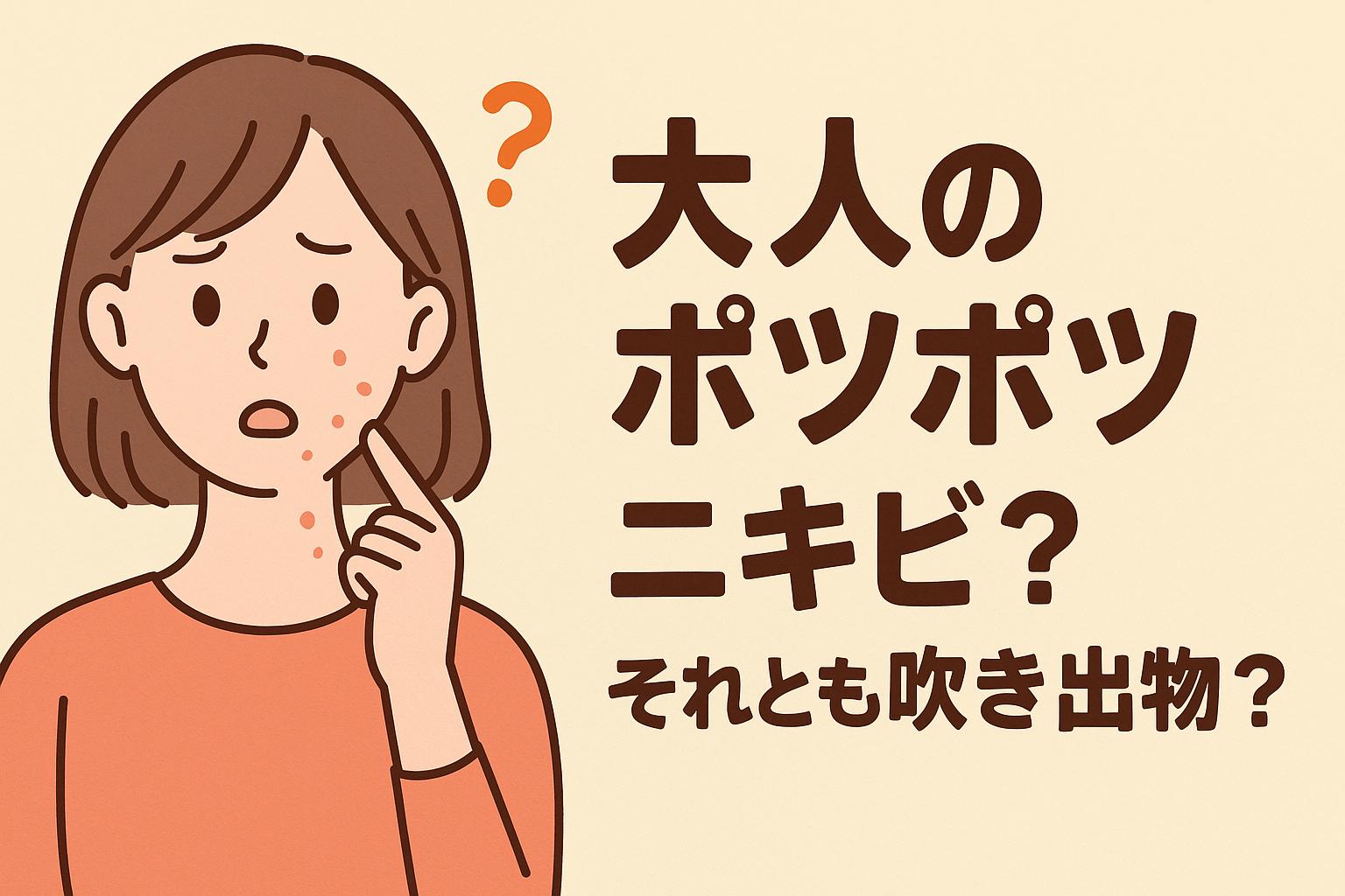 頬にポツポツができて戸惑う女性が「ニキビ？それとも吹き出物？」と悩む様子のイラスト。疑問符と表情で不安を表現