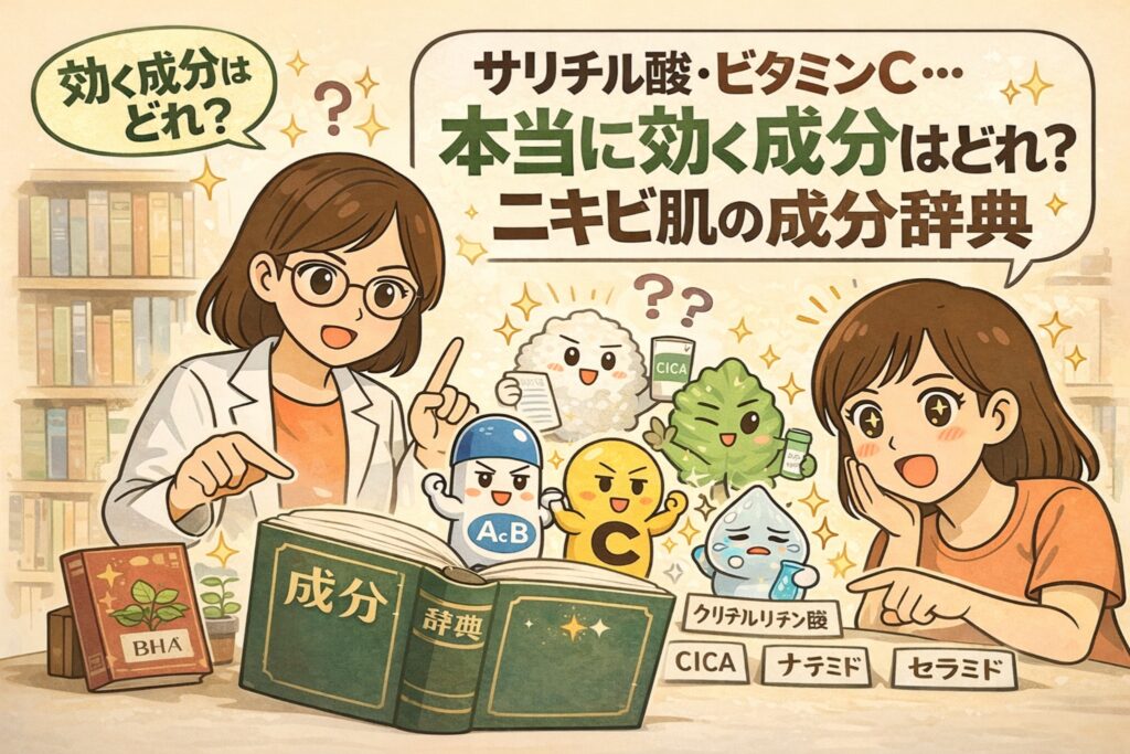ニキビ肌に本当に効く成分はどれかを解説するイラスト。サリチル酸やビタミンC、CICAなどの成分を擬人化し、白衣姿の解説者と成分辞典を前に学ぶ女性が、成分の役割や選び方をわかりやすく整理している。