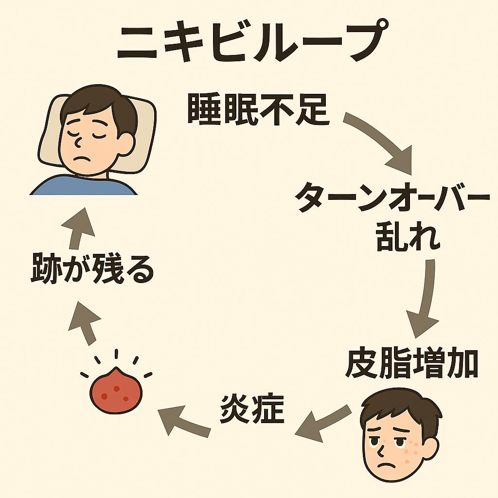 「ニキビループ」と題された円形サイクル図。
流れは「睡眠不足 → ターンオーバー乱れ → 皮脂増加 → 炎症 → 跡が残る → 睡眠不足」と矢印でつながり、終わらないループを表現している。各工程にはキャラクターやニキビのアイコンが添えられている。