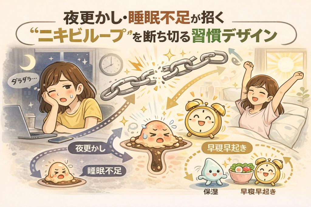 夜更かしや睡眠不足がニキビを繰り返す原因になる流れを図解したイラスト。生活リズムの乱れが肌状態に影響する様子と、早寝早起きや保湿などの習慣によってニキビループを断ち切る考え方をわかりやすく示している。
