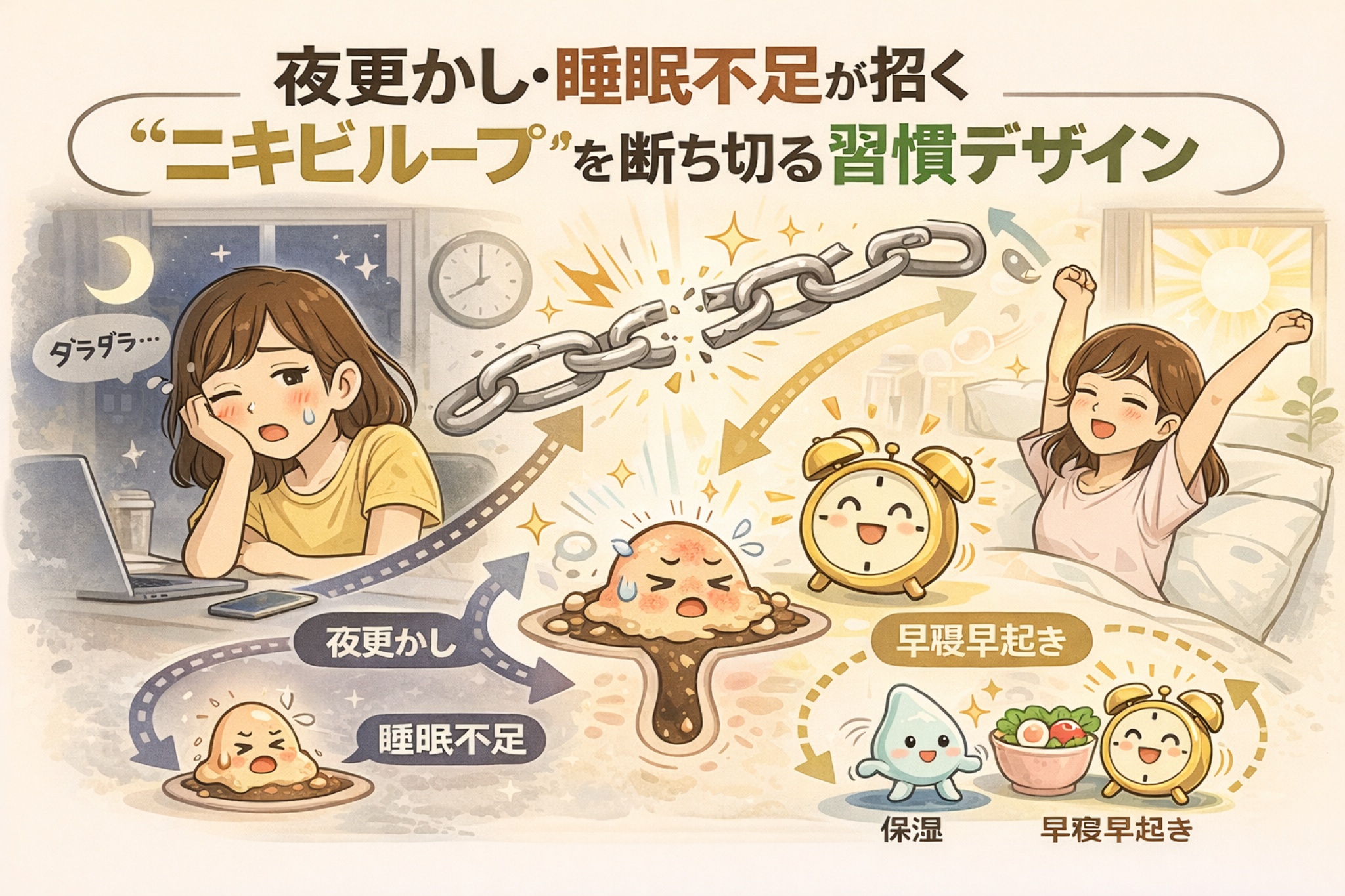 夜更かしや睡眠不足がニキビを繰り返す原因になる流れを図解したイラスト。生活リズムの乱れが肌状態に影響する様子と、早寝早起きや保湿などの習慣によってニキビループを断ち切る考え方をわかりやすく示している。