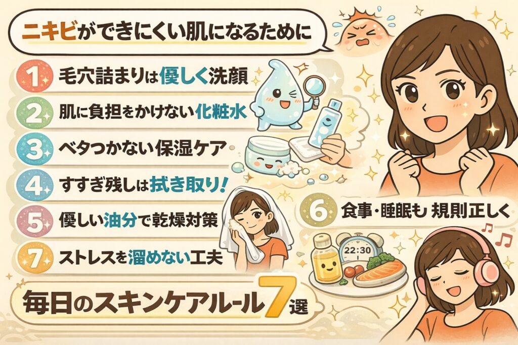 ニキビができにくい肌を目指すための毎日のスキンケアルールをまとめたイラスト。優しい洗顔、低刺激な化粧水、べたつかない保湿、すすぎ残し対策、油分ケア、食事と睡眠の見直し、ストレス管理の7項目をわかりやすく整理している。