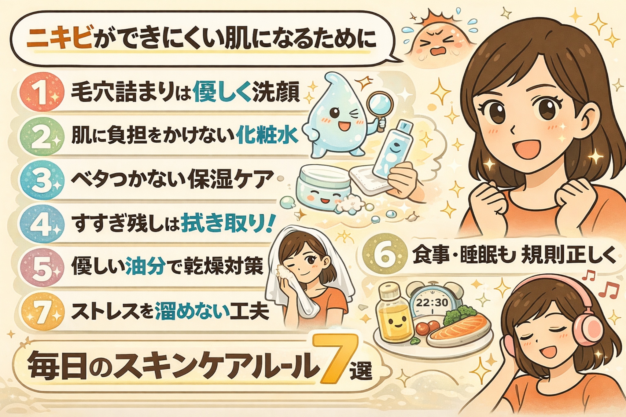 ニキビができにくい肌を目指すための毎日のスキンケアルールをまとめたイラスト。優しい洗顔、低刺激な化粧水、べたつかない保湿、すすぎ残し対策、油分ケア、食事と睡眠の見直し、ストレス管理の7項目をわかりやすく整理している。