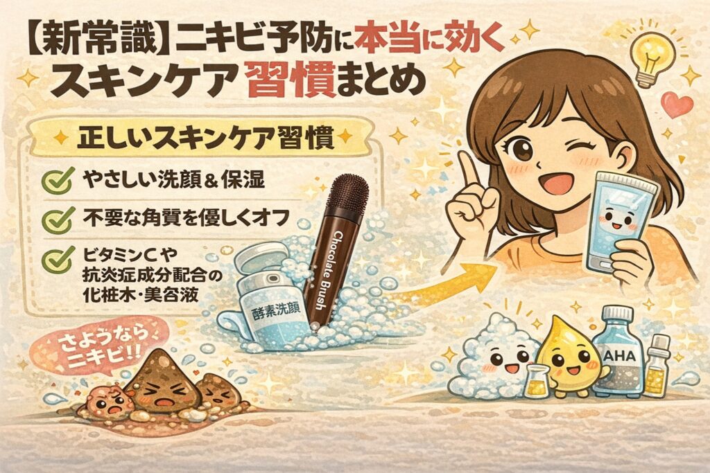ニキビ予防に本当に効果的なスキンケア習慣をまとめたイラスト。やさしい洗顔と保湿、不要な角質を穏やかにオフするケア、ビタミンCや抗炎症成分配合の化粧水・美容液といった正しい習慣をチェックリスト形式で紹介。酵素洗顔やブラシ、成分の擬人化キャラクターと、ニキビが減っていく様子を通して、日常ケアの重要性を分かりやすく表現している。