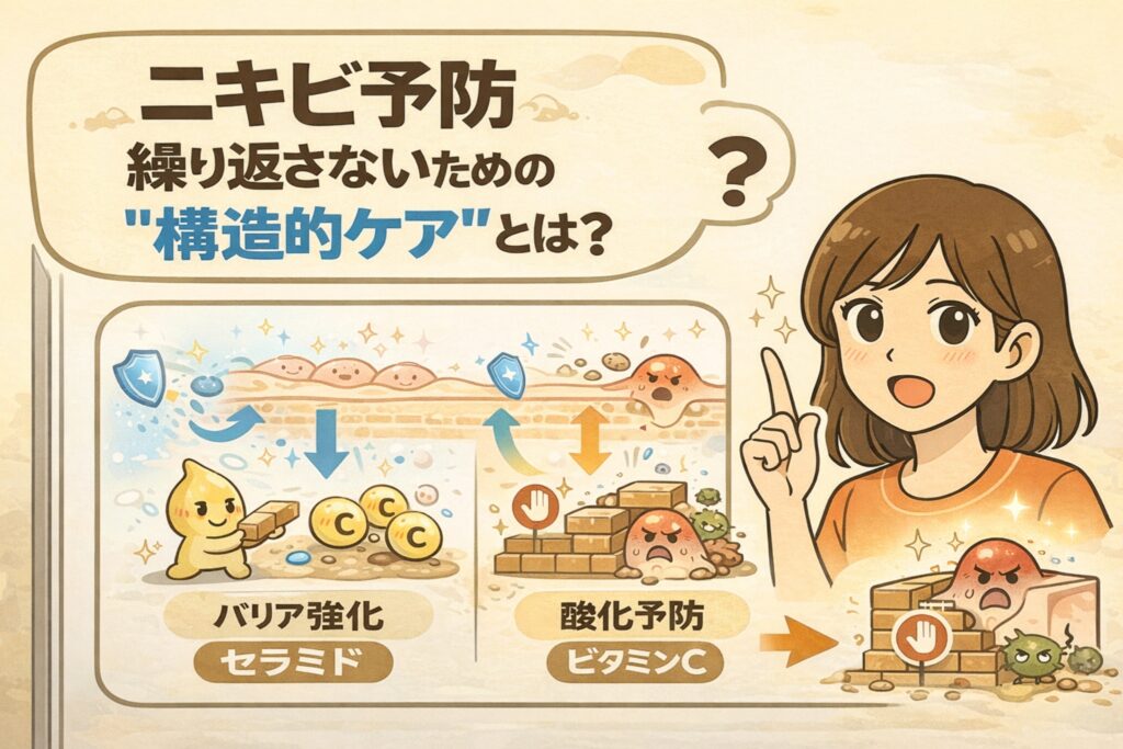 ニキビ予防のために「繰り返さない構造的ケア」を解説するイラスト。肌表面と毛穴構造の断面を用いて、バリア強化（セラミド）と酸化予防（ビタミンC）による防御の違いを図解。炎症を起こすニキビと、それを防ぐケアの考え方を、白衣の女性が指差しで説明している構図。
