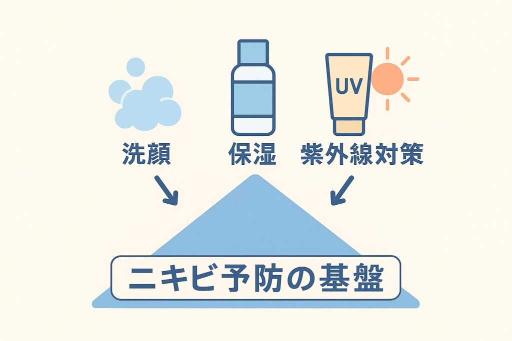 「ニキビ予防の基盤を示す図。三角形の土台に『ニキビ予防の基盤』と書かれ、上部に3つの要素が並ぶ。左に洗顔（泡のイラスト）、中央に保湿（化粧水ボトル）、右に紫外線対策（日焼け止めと太陽）が配置され、それぞれ矢印で基盤につながっている。」