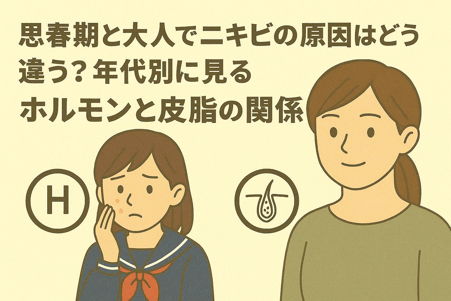思春期の女子学生と大人の女性が並び、それぞれ異なるニキビの原因（ホルモンと皮脂）を象徴する記号が添えられた比較イラスト