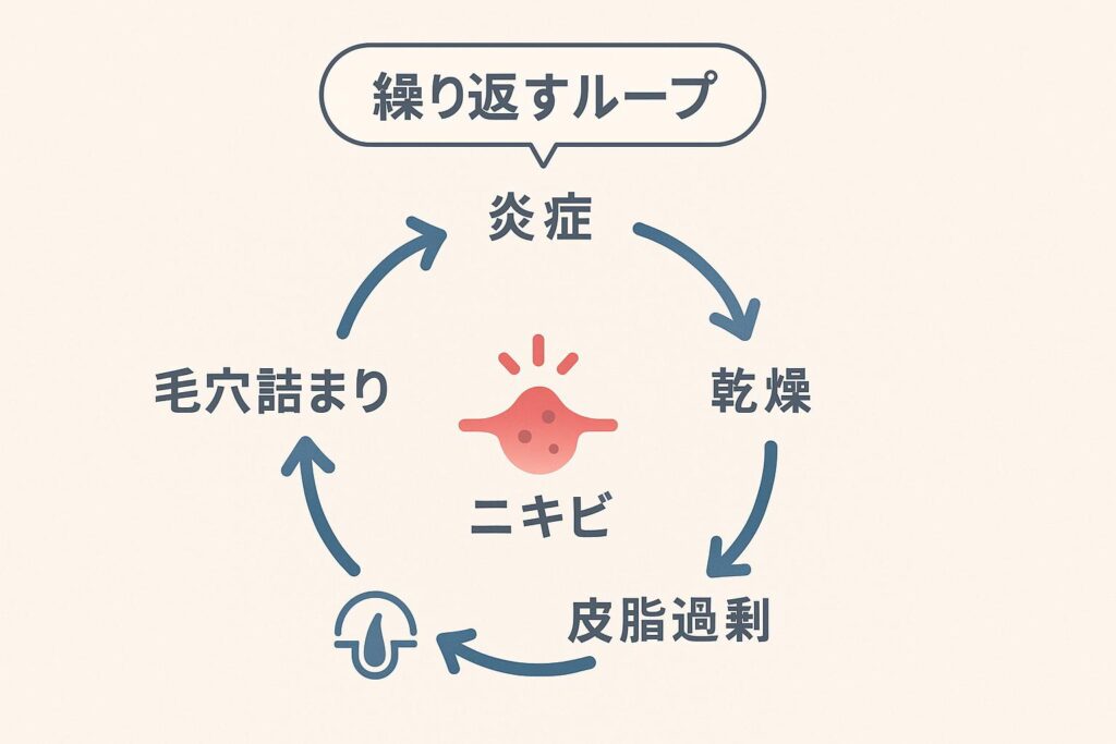 「ニキビの悪循環サイクル図。中央に赤いニキビのアイコンがあり、矢印で炎症→乾燥→皮脂過剰→毛穴詰まり→再び炎症と続くループを示し、上部に『繰り返すループ』と記載されている。」