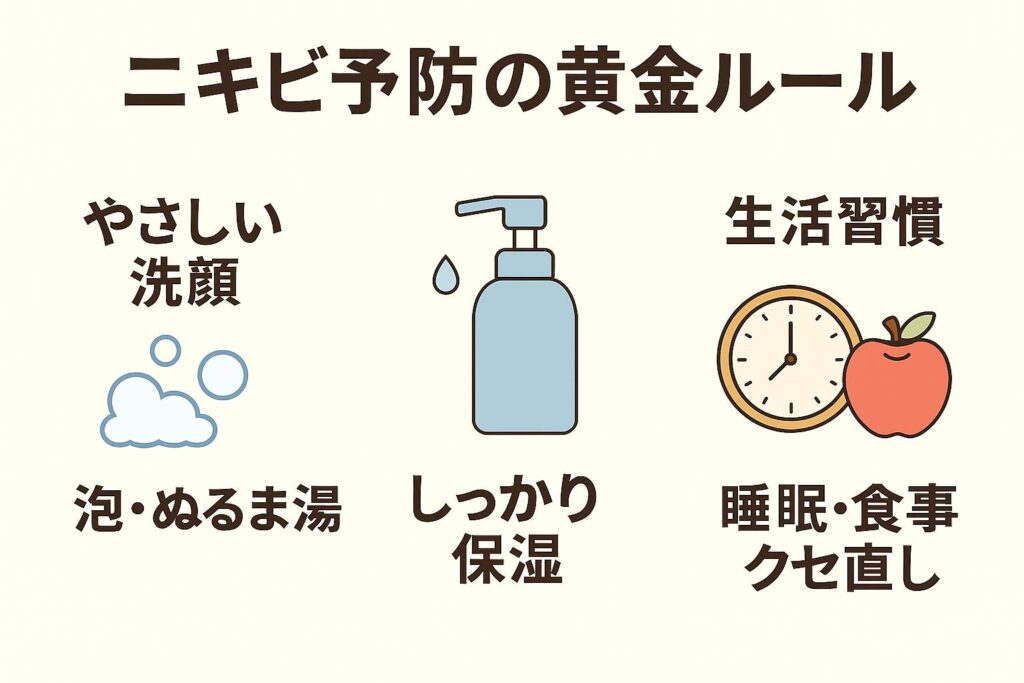 「ニキビ予防の黄金ルール」と題した整理図。
左に泡と水のイラストで「やさしい洗顔（泡・ぬるま湯）」、中央にボトルで「しっかり保湿」、右に時計とりんごのアイコンで「生活習慣（睡眠・食事・クセ直し）」と表示されている。