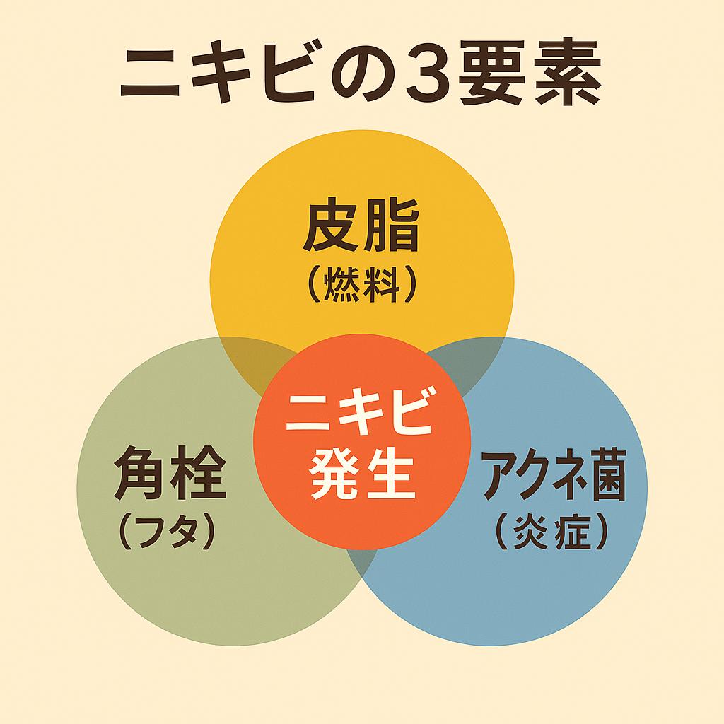 「ニキビの3要素を示すベン図。黄色の円=皮脂(燃料)、緑の円=角栓(フタ)、青の円=アクネ菌(炎症)。3つが重なる中央に赤色で『ニキビ発生』と表示され、要素がそろったときにニキビができる仕組みを表している。」
