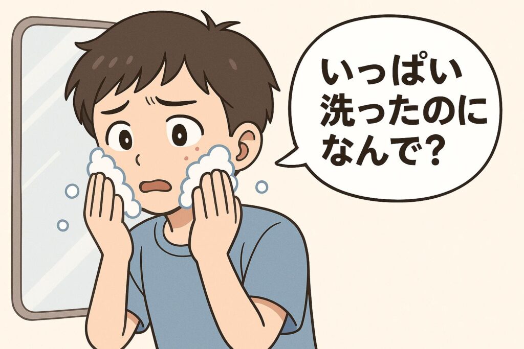 泡洗顔をしている中学生の男の子が鏡を見ながら「いっぱい洗ったのに、なんで？」と落ち込んでいるイラスト。頬にニキビが残り、不安そうな表情をしている。