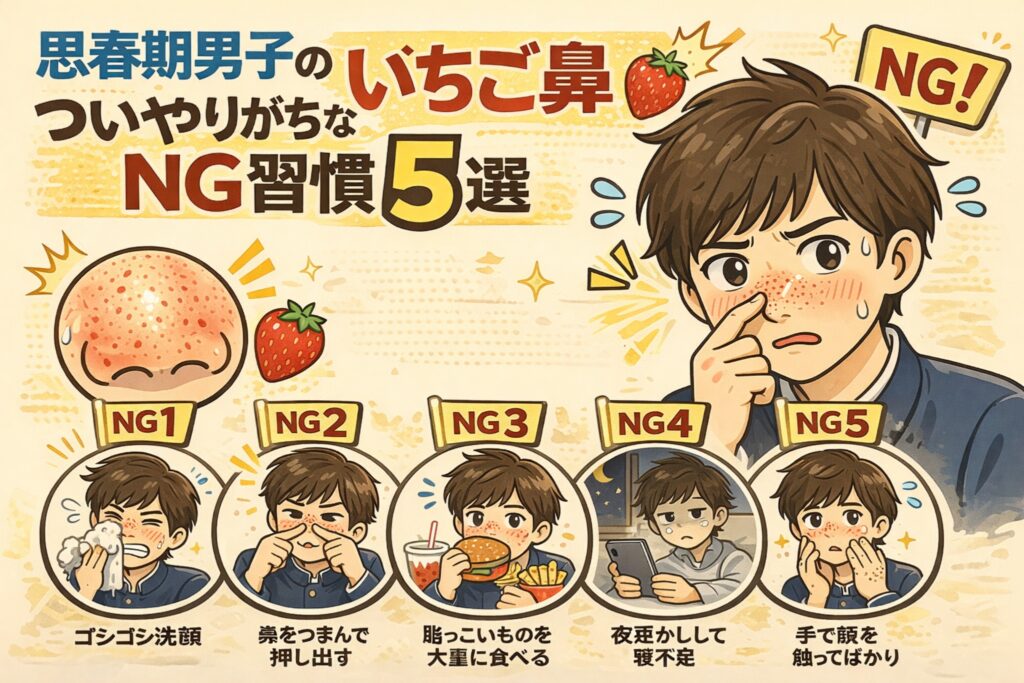 思春期男子にありがちな、いちご鼻を悪化させるNG習慣5つをまとめた図解イラスト。ゴシゴシ洗顔、鼻をつまんで押し出す、脂っこい食事、夜更かし、顔を頻繁に触る行動を、困った表情の男子生徒とシーン別で示している。