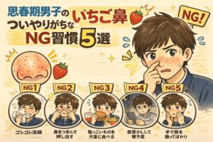 思春期男子にありがちな、いちご鼻を悪化させるNG習慣5つをまとめた図解イラスト。ゴシゴシ洗顔、鼻をつまんで押し出す、脂っこい食事、夜更かし、顔を頻繁に触る行動を、困った表情の男子生徒とシーン別で示している。
