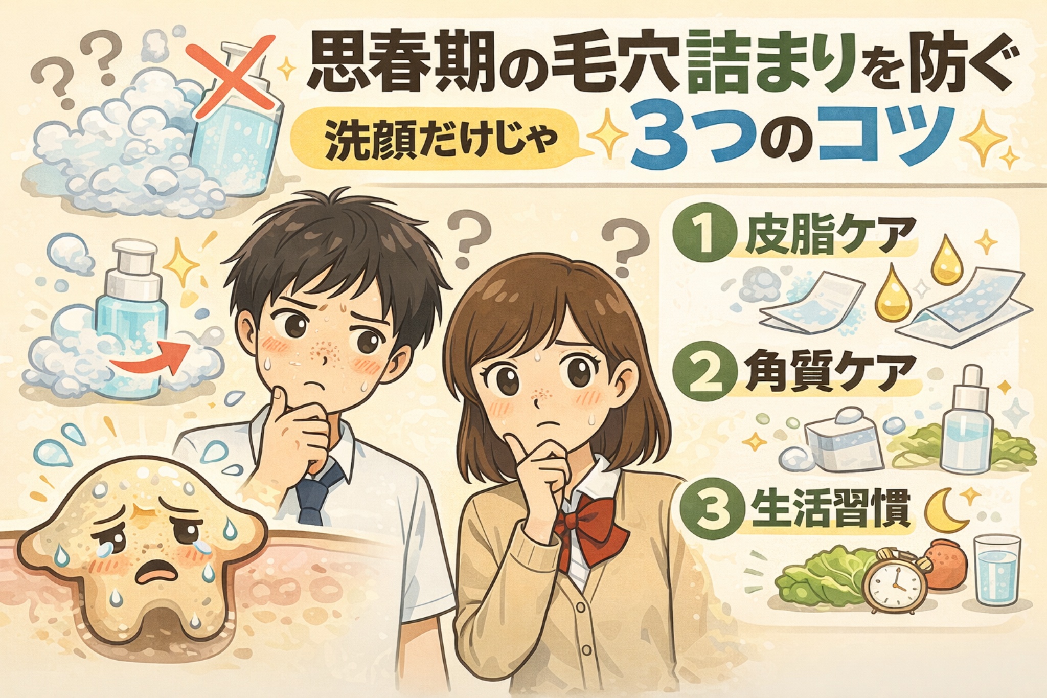 思春期の毛穴詰まりを防ぐためのポイントを解説するイラスト。洗顔だけでは不十分であることを示し、悩む中学生の男女とともに、「皮脂ケア」「角質ケア」「生活習慣」という3つの対策を、洗顔料・スキンケア用品・生活リズムのアイコンでわかりやすく表現している。