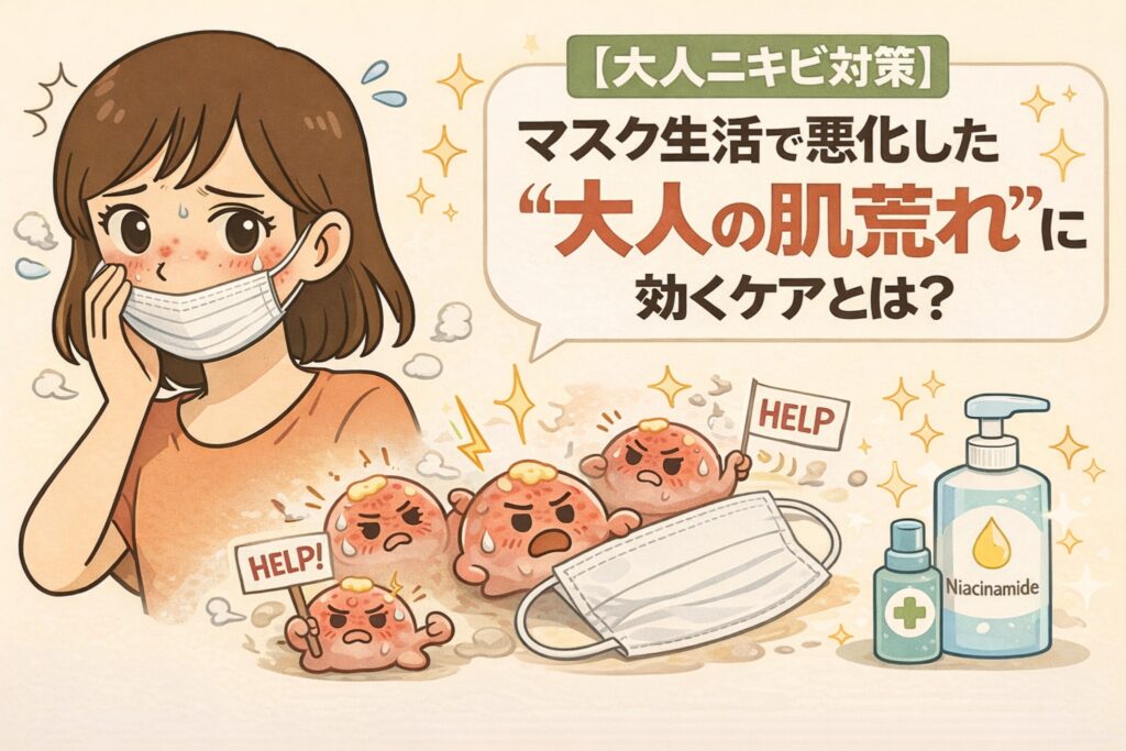マスク生活で悪化した大人の肌荒れやニキビに効果的なケアを解説する図解イラスト。マスクによる蒸れや刺激で炎症を起こした肌と、ナイアシンアミドなどの成分ケアを示し、悩む女性の様子を描いている。