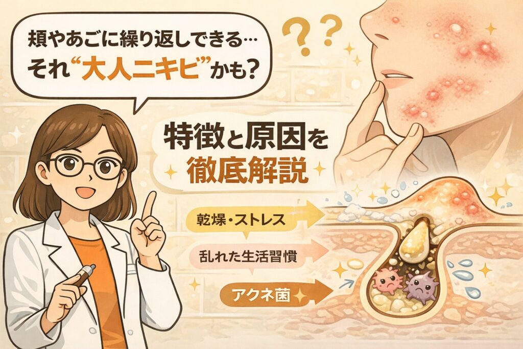 頬やあごに繰り返しできる「大人ニキビ」の特徴と原因を解説する図解イラスト。赤く炎症を起こした頬・フェイスラインのニキビと、毛穴断面図では角栓と皮脂、アクネ菌が関与する様子が描かれている。乾燥やストレス、乱れた生活習慣が原因として示され、白衣の女性が指差しで大人ニキビの仕組みをわかりやすく説明しているビジュアル。