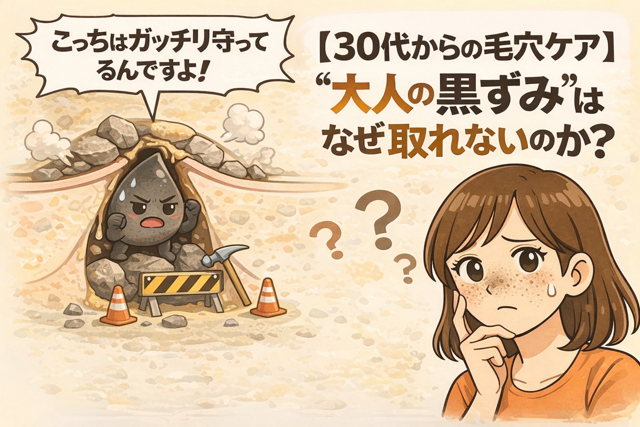30代からの毛穴ケアにおいて、大人の黒ずみがなぜ取れないのかを解説するイラスト。毛穴の奥で黒ずみ角栓が工事現場のように固く守られている様子と、頬の黒ずみに悩む女性が対比されて描かれている。年齢とともに黒ずみが構造的に固定化し、表面的なケアでは除去しにくくなる理由を視覚的に表現している。