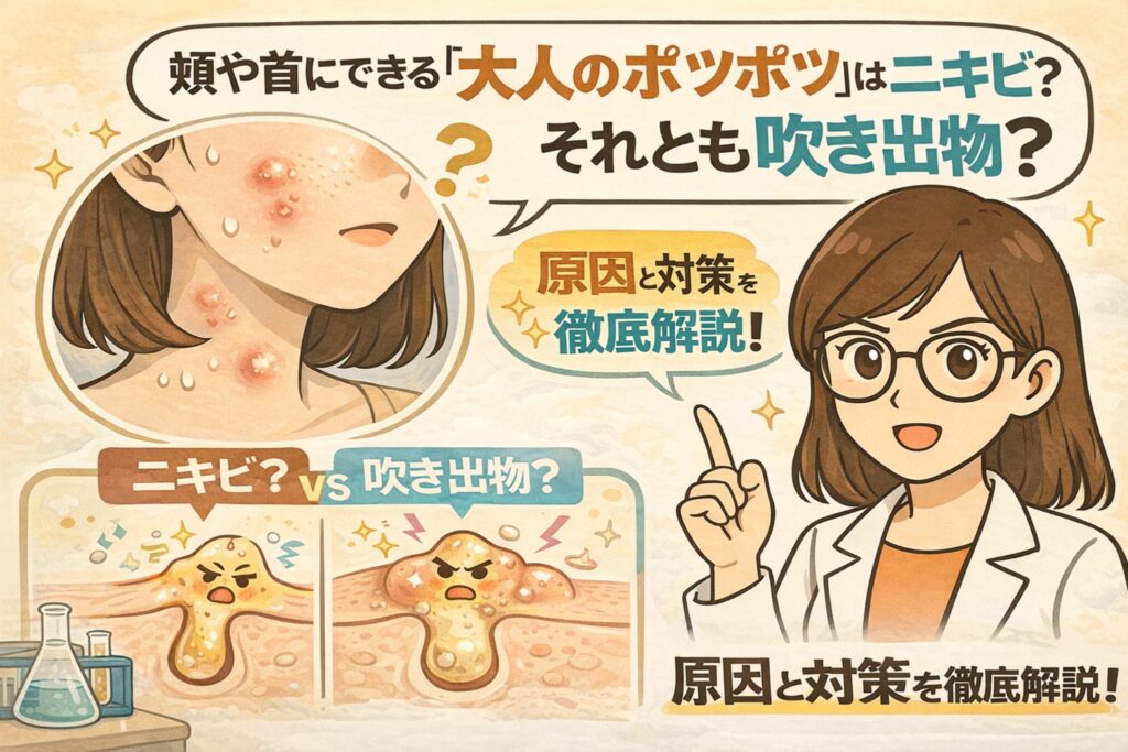 頬や首にできる「大人のポツポツ」がニキビか吹き出物かを解説する図解イラスト。頬・フェイスライン・首元に赤く盛り上がった発疹の拡大図と、ニキビと吹き出物の違いを毛穴断面で比較している。右側では白衣と眼鏡の女性が指差しで説明し、原因の違い（炎症・皮脂詰まりなど）と対策をわかりやすく伝えるビジュアル。