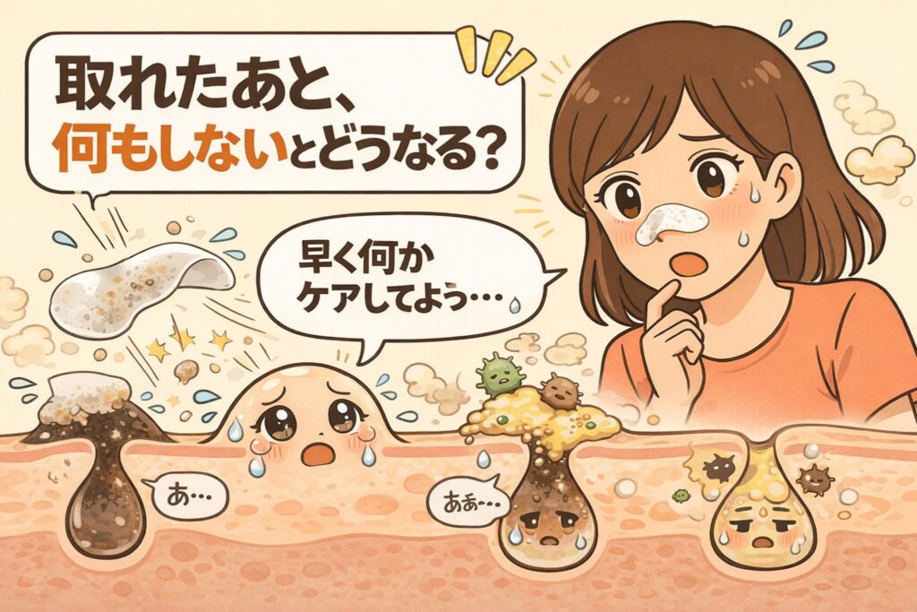 角栓を取ったあとに何もケアしないとどうなるかを示した図解イラスト。右側には不安そうな表情で鼻を気にする女性が描かれ、鼻には角栓除去直後を示す白い跡がある。下部には毛穴断面図が並び、左から角栓が取れた直後の空洞状態、皮脂や汚れが再びたまり始めている状態、菌や皮脂が増えて毛穴が荒れていく状態が段階的に表現されている。「取れたあと、何もしないとどうなる？」という問いと「早く何かケアしてよう…」という吹き出しで、除去後ケアの重要性を直感的に伝えている。