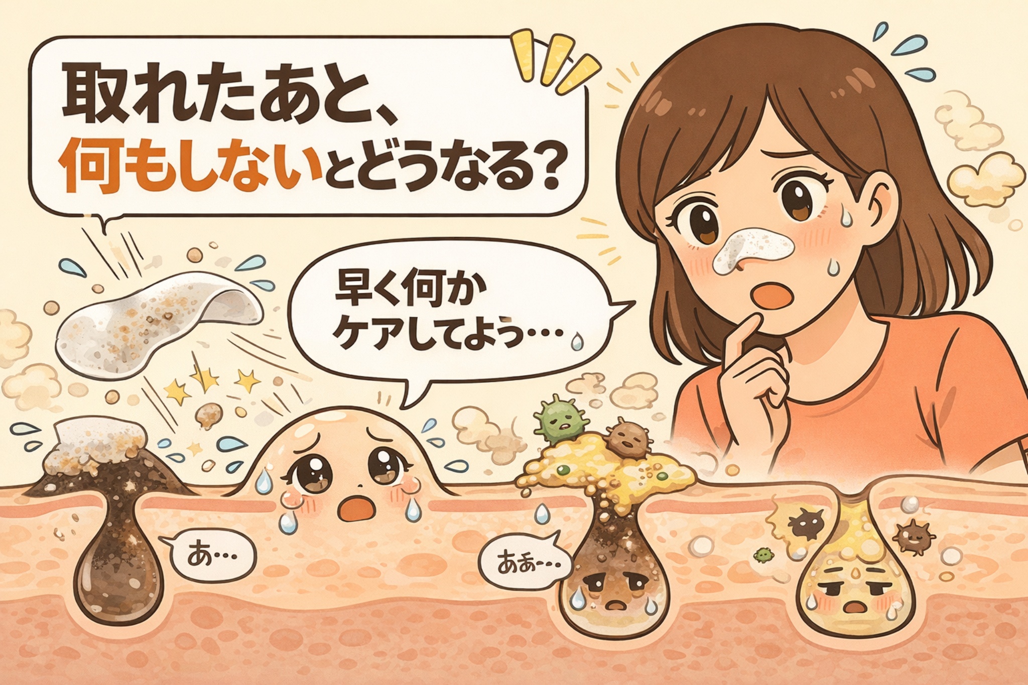 角栓を取ったあとに何もケアしないとどうなるかを示した図解イラスト。右側には不安そうな表情で鼻を気にする女性が描かれ、鼻には角栓除去直後を示す白い跡がある。下部には毛穴断面図が並び、左から角栓が取れた直後の空洞状態、皮脂や汚れが再びたまり始めている状態、菌や皮脂が増えて毛穴が荒れていく状態が段階的に表現されている。「取れたあと、何もしないとどうなる?」という問いと「早く何かケアしてよう…」という吹き出しで、除去後ケアの重要性を直感的に伝えている。