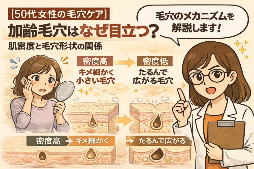 50代女性の加齢毛穴が目立つ理由を解説する図解イラスト。鏡を見て毛穴を気にする女性と、毛穴断面図で肌密度が高い状態ではキメが細かく毛穴が小さい一方、加齢により肌密度が低下するとたるんで毛穴が広がる様子が対比されている。右側では白衣の女性が指差しで説明し、肌密度と毛穴形状の関係をわかりやすく伝えるビジュアル。