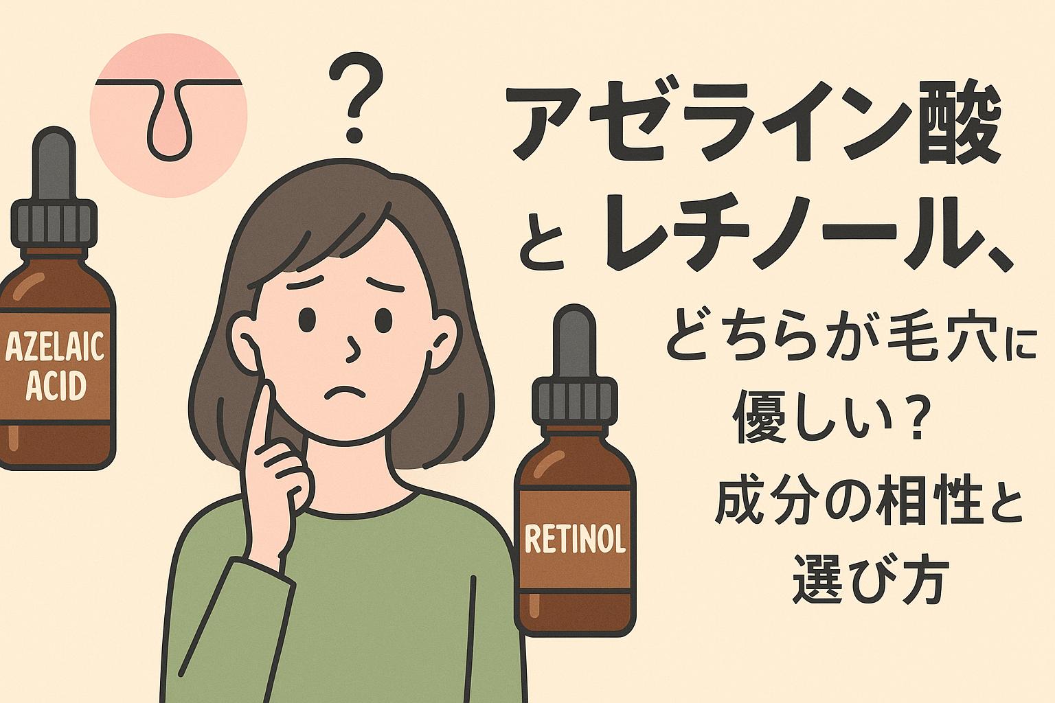 アゼライン酸とレチノールのどちらが毛穴に優しいかを比較する女性のイラスト。2つの美容液ボトルと成分の相性・選び方に関する日本語テキスト入り。