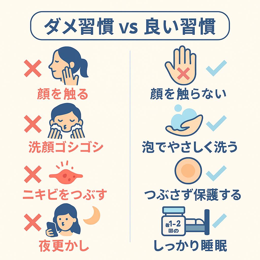 「ニキビケアにおける悪い習慣と良い習慣の比較図。左側に赤色で❌マーク付きの悪習慣として『顔を触る』『洗顔ゴシゴシ』『ニキビをつぶす』『夜更かし』が並び、右側に青色で✅マーク付きの良習慣として『顔を触らない』『泡でやさしく洗う』『つぶさず保護する』『しっかり睡眠』が描かれている。」