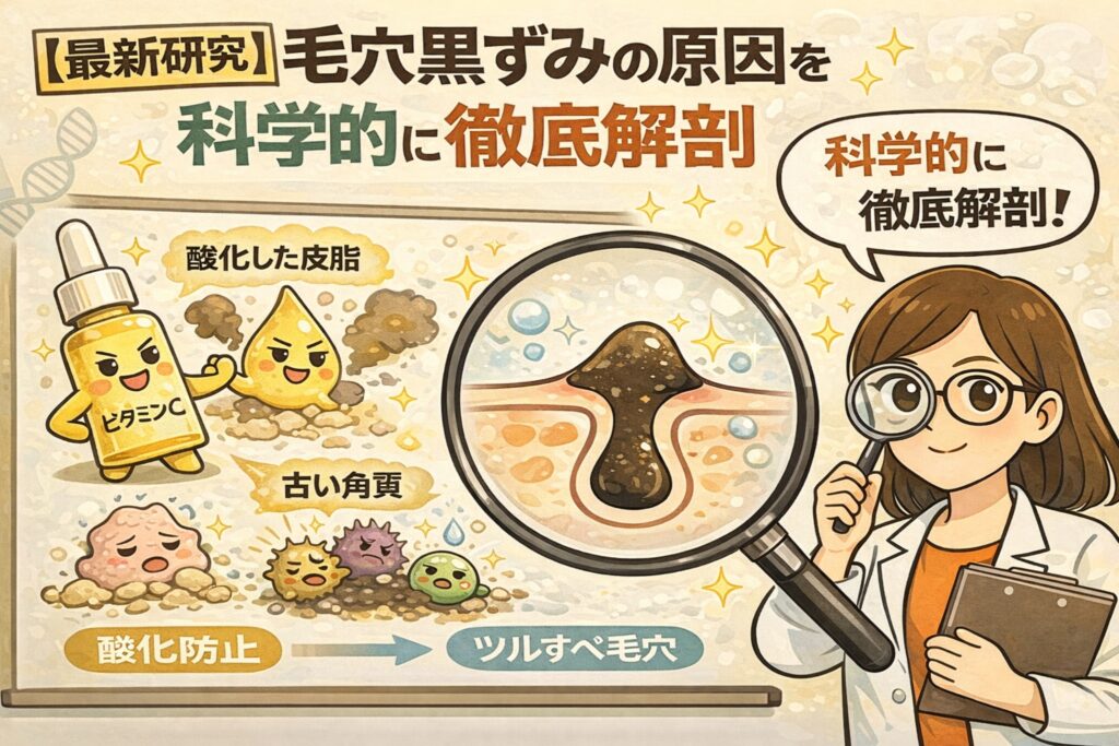 毛穴黒ずみの原因を科学的に解説するイラスト。酸化した皮脂や古い角質が混ざり合って角栓となり、毛穴に詰まる様子を拡大図で示し、ビタミンCによる酸化防止の考え方と、詰まり毛穴からツルすべ毛穴へ導く仕組みを白衣の研究者が虫眼鏡で解説している美容・皮膚科学イメージ。