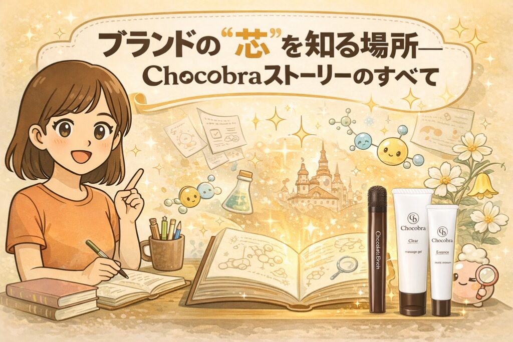 Chocobraブランドの思想とストーリー全体を表現したイラスト。研究ノートや分子モチーフ、試作の背景とともに、Chocobraの製品ラインとブランドの“芯”となる考え方を、物語を語る女性の姿で描いている。