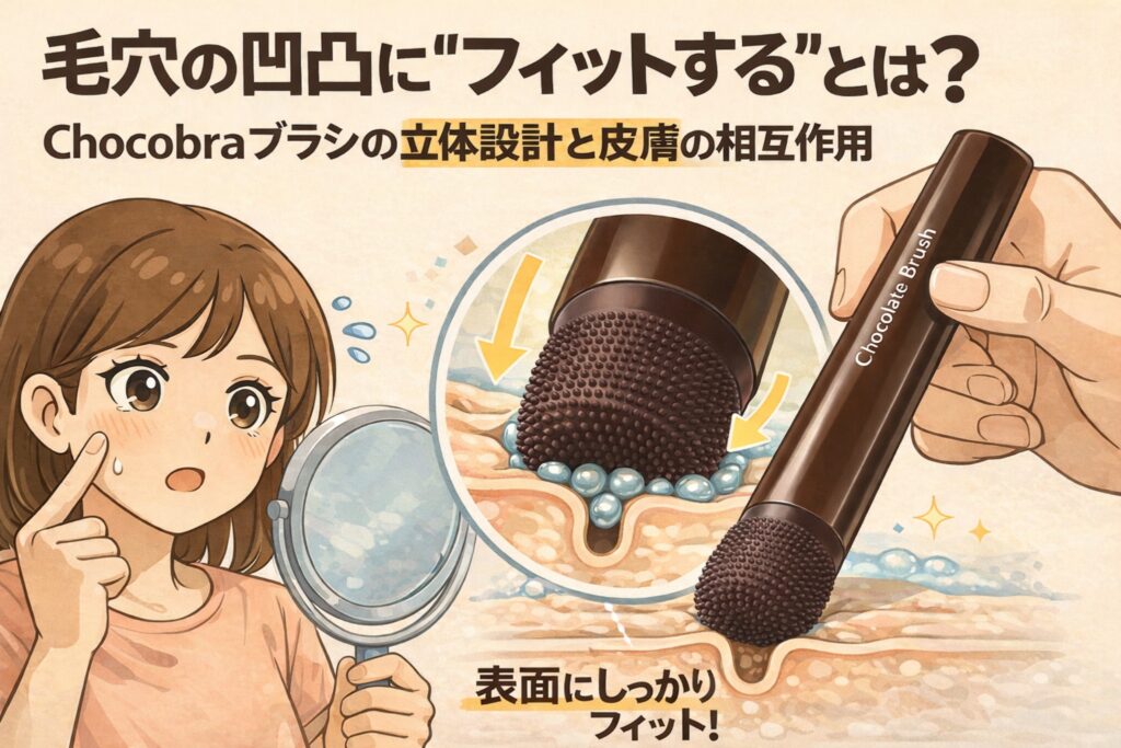 毛穴の凹凸に「フィットする」とはどういうことかを解説するイラスト。Chocobraブラシの立体的な先端形状が毛穴表面の凹凸に沿って当たり、皮膚との相互作用で密着する様子を拡大図で表現。鏡を持つ女性と、手に持ったブラシの使用イメージを並べて、表面にしっかりフィットする設計思想を視覚的に示している構図。