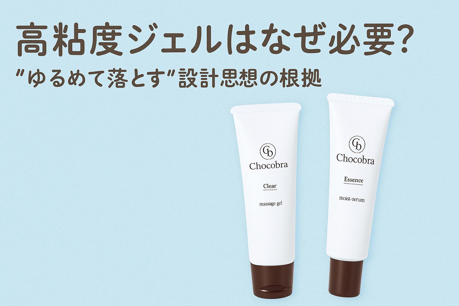 Chocobraのマッサージジェルと美容液が並び、“高粘度ジェルはなぜ必要？”の文字とともに『ゆるめて落とす』設計思想を伝える広告風イラスト。
