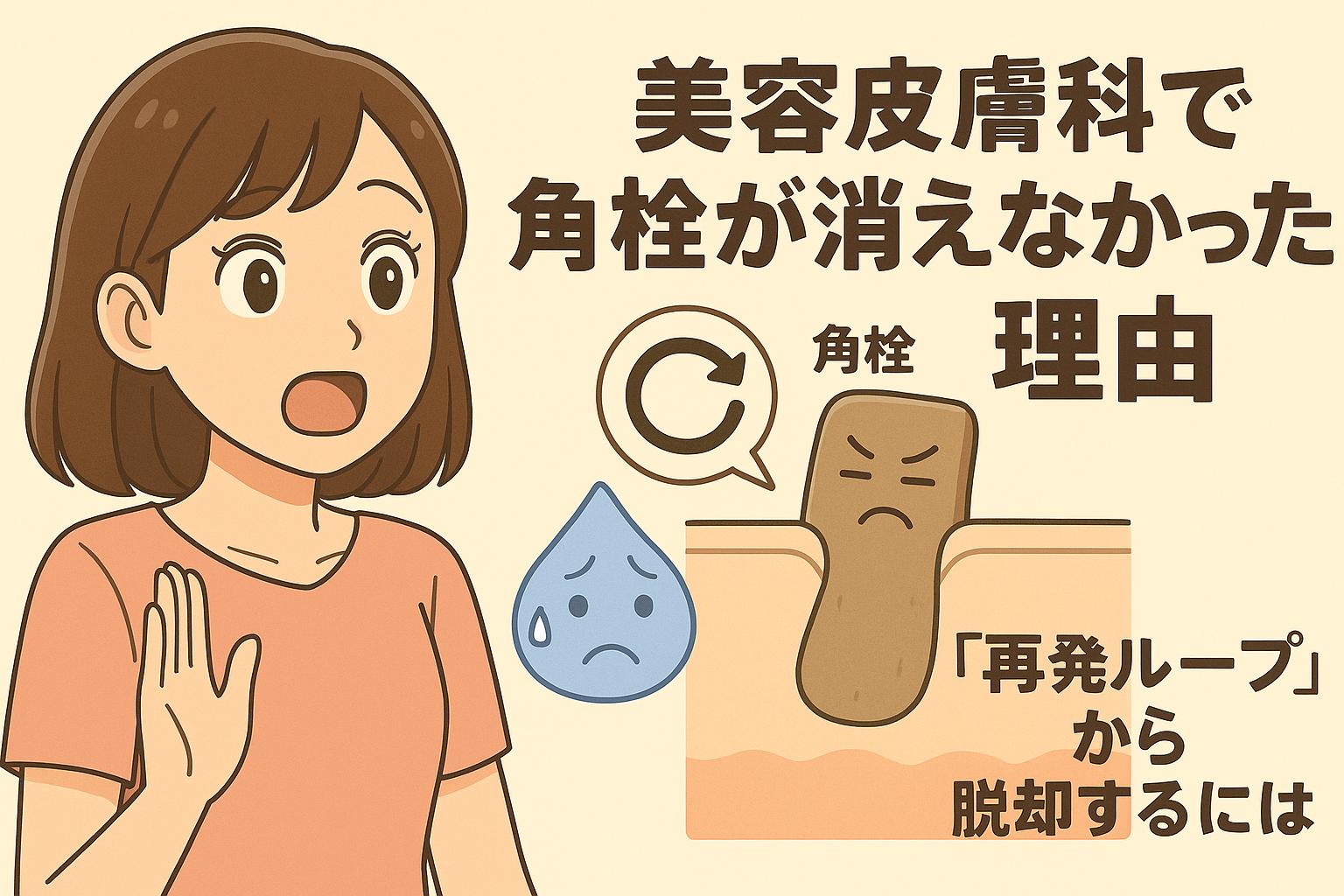 若い女性が驚いた表情で「美容皮膚科で角栓が消えなかった理由」について語る構図。右側には怒った顔の角栓が毛穴に詰まり、再発ループの矢印が描かれており、スクワレンの擬人化キャラが悲しそうな表情を浮かべている。毛穴構造と感情が組み合わされた図解スタイル。