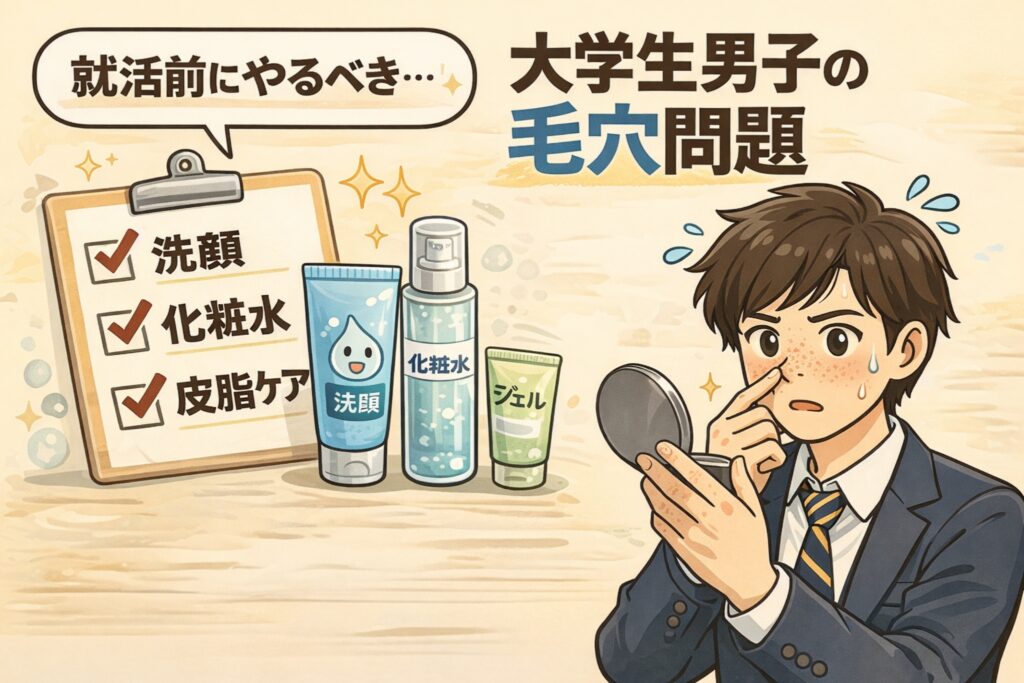 就活前にケアしておきたい大学生男子の毛穴問題を解説するイラスト。鏡を見ながら鼻の毛穴を気にするスーツ姿の男子学生と、左側にはチェックリスト形式で「洗顔・化粧水・皮脂ケア」が並び、基本的なスキンケア習慣の重要性が示されている。清潔感が第一印象に影響する就職活動前の毛穴ケアをわかりやすく伝えるビジュアル。