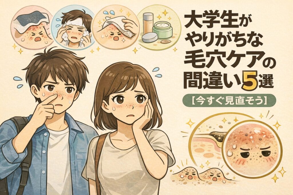 大学生の男女が鼻の毛穴トラブルに悩む様子を描いたイラスト。洗顔のしすぎ、タオルで強く拭く、自己流スキンケアなど、大学生がやりがちな毛穴ケアの間違いを象徴するシーンと、角栓が詰まった毛穴の断面図を通して「大学生がやりがちな毛穴ケアの間違い5選」を視覚的に解説している。