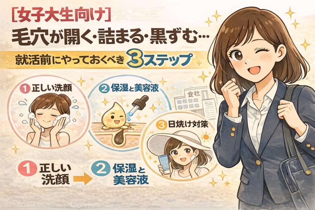 女子大学生向けに、就活前に整えておきたい毛穴ケアの基本3ステップを解説したイラスト。毛穴が開く・詰まる・黒ずむ原因に対して、正しい洗顔、保湿と美容液、紫外線対策の重要性を、スキンケア工程と前向きな女性の表情でわかりやすく示している。