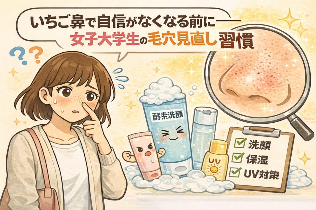いちご鼻に悩む女子大学生が、自信を失う前に見直すべき毛穴ケア習慣を解説したイラスト。小鼻の毛穴を気にする女性と、酵素洗顔・保湿・UV対策の基本チェックを通して、毛穴状態を立て直すための正しい習慣を分かりやすく表現している。