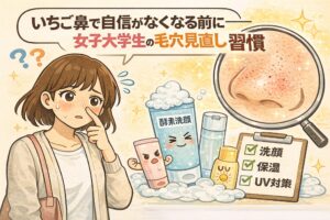 いちご鼻に悩む女子大学生が、自信を失う前に見直すべき毛穴ケア習慣を解説したイラスト。小鼻の毛穴を気にする女性と、酵素洗顔・保湿・UV対策の基本チェックを通して、毛穴状態を立て直すための正しい習慣を分かりやすく表現している。